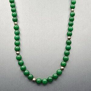 Antique Green Nephrite Jade 6mm Bead Necklace 23" Sterling Etched Fishhook Clasp